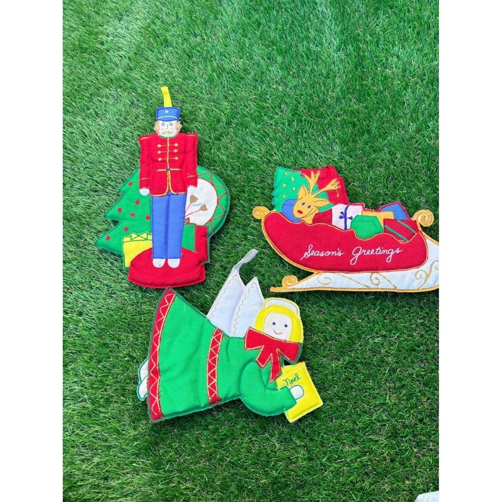 Vintage Hallie St Mary Christmas Fabric‎ Ornaments Set Nutcracker Angel Sleigh